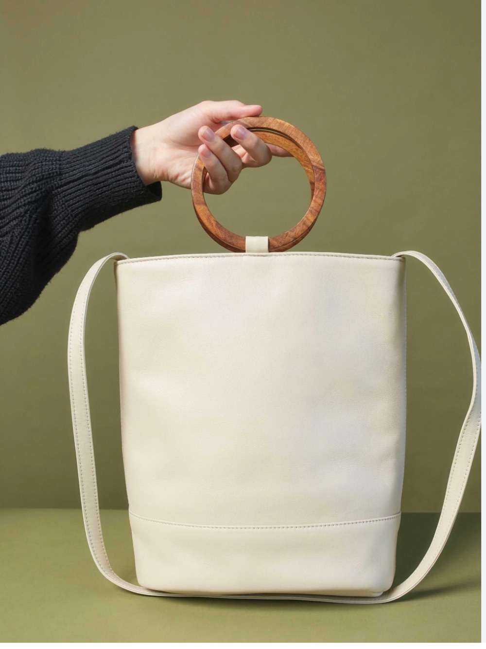 Payton James NO STRAP Minimal Cream Tote Bag with Wooden Ring Handle